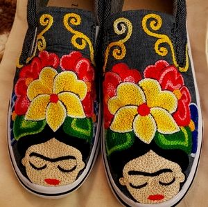 Frida Kahlo hand stitched slip on tennis shoes